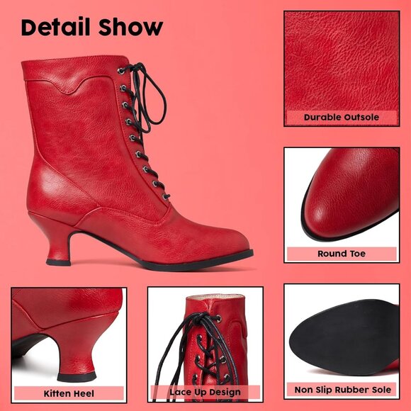 Women's Victorian Ankle Boots Mid Calf Round Toe Boots With Chunky Heel Red - Picture 3 of 7